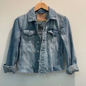 BLANKNYC Womens Distressed Denim Jacket Medium Wash Raw Hem 46SB9115NOK Small